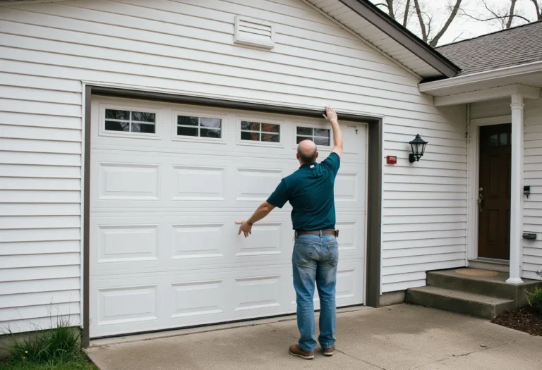 A man in a blue shirt and jeans stands on a driveway facing a white garage door, reaching up toward the garage’s sensor or keypad beside the door, with a house entrance visible to the right.