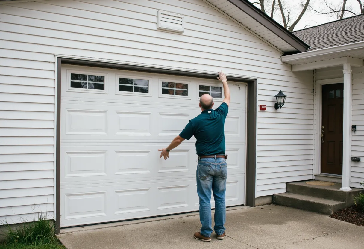 A man in a blue shirt and jeans stands on a driveway facing a white garage door, reaching up toward the garage’s sensor or keypad beside the door, with a house entrance visible to the right.