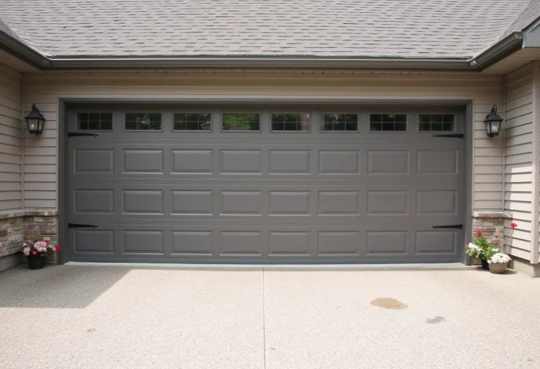 A closed, gray, paneled garage door with small rectangular windows along the top. Two flower pots are on either side of the door, and lantern lights are mounted on the wall. The driveway is clean with a small stain.