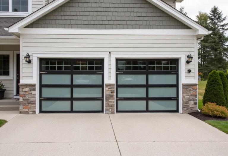Modern house exterior with two frosted glass and black-framed garage doors, stone accents, light gray siding, and a neat concrete driveway; landscaping includes bushes and a manicured lawn.