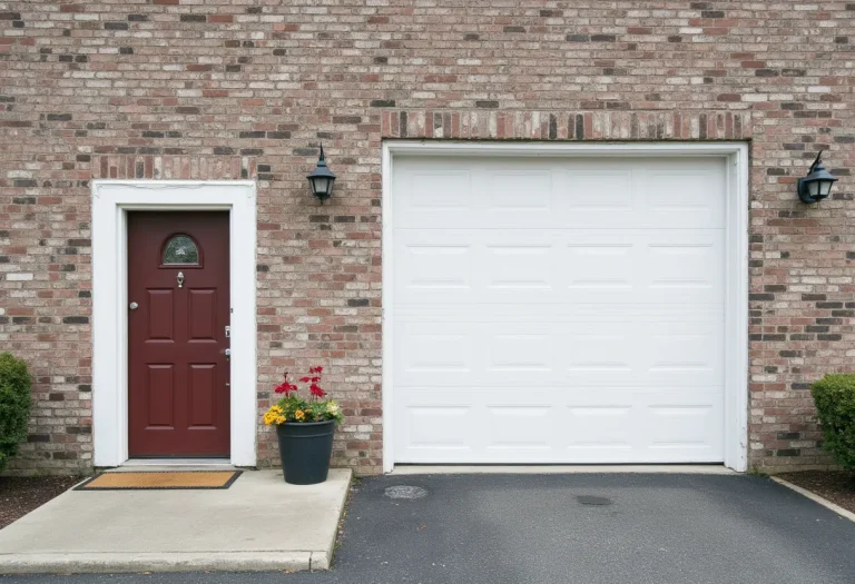 A brick house exterior featuring a red front door with a doormat, a white garage door, a potted plant with flowers between them, and black wall-mounted lights above each door.