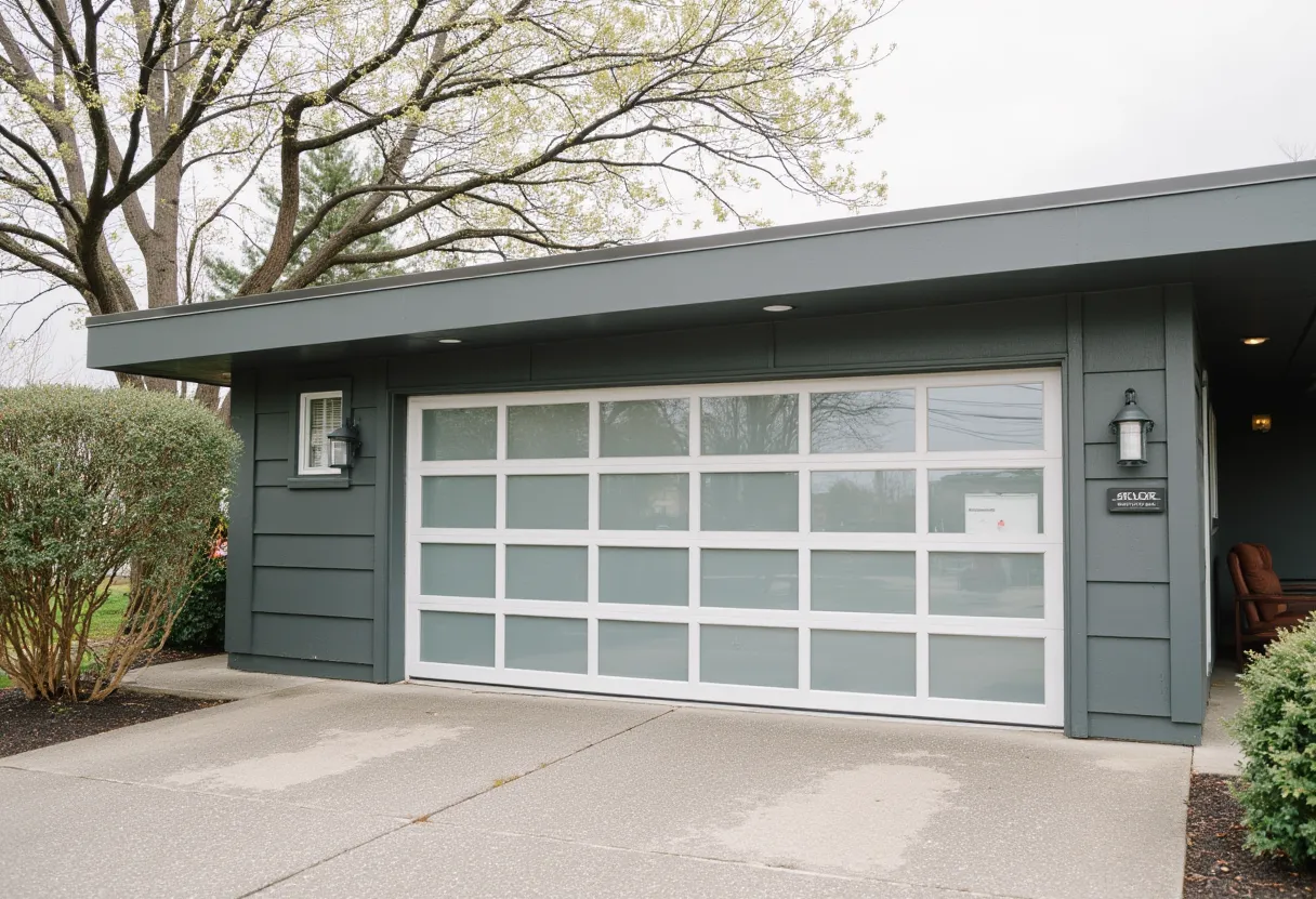 Modern house with a gray exterior and a large glass-panel garage door, surrounded by neatly trimmed bushes and a tree with budding leaves, set on a concrete driveway.