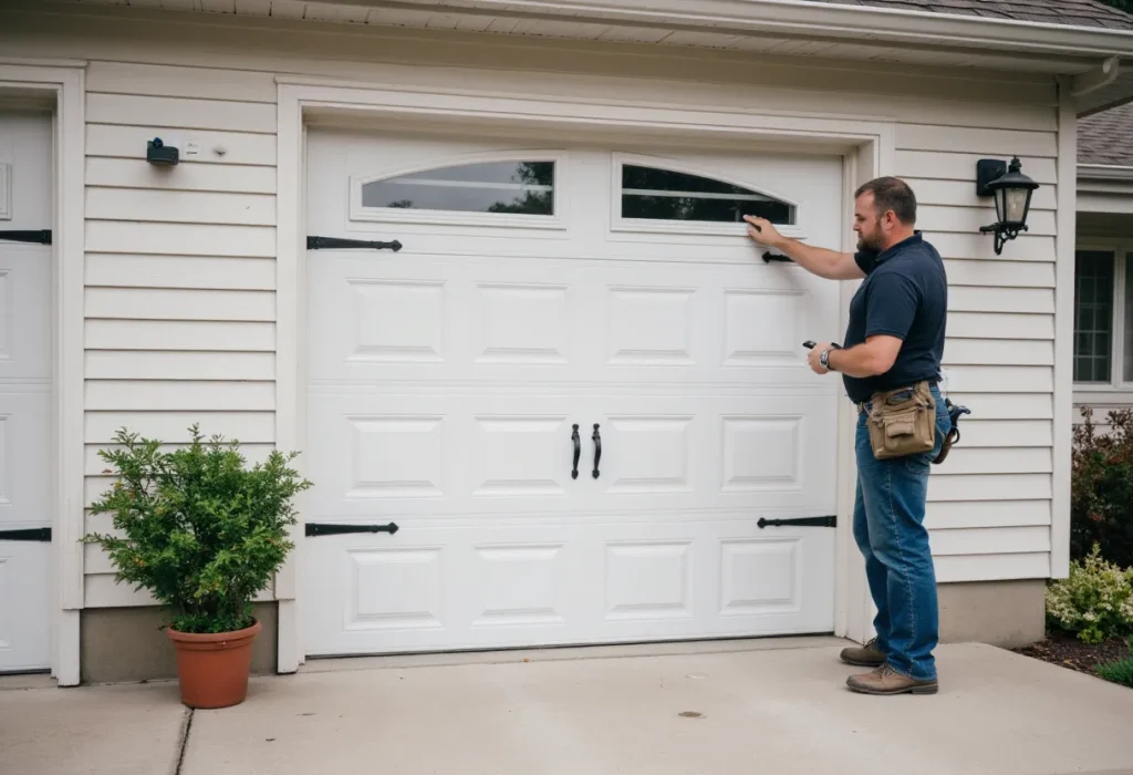 A man wearing a tool belt inspects or repairs a white garage door with decorative windows on a house exterior. A potted plant sits nearby on the concrete driveway.