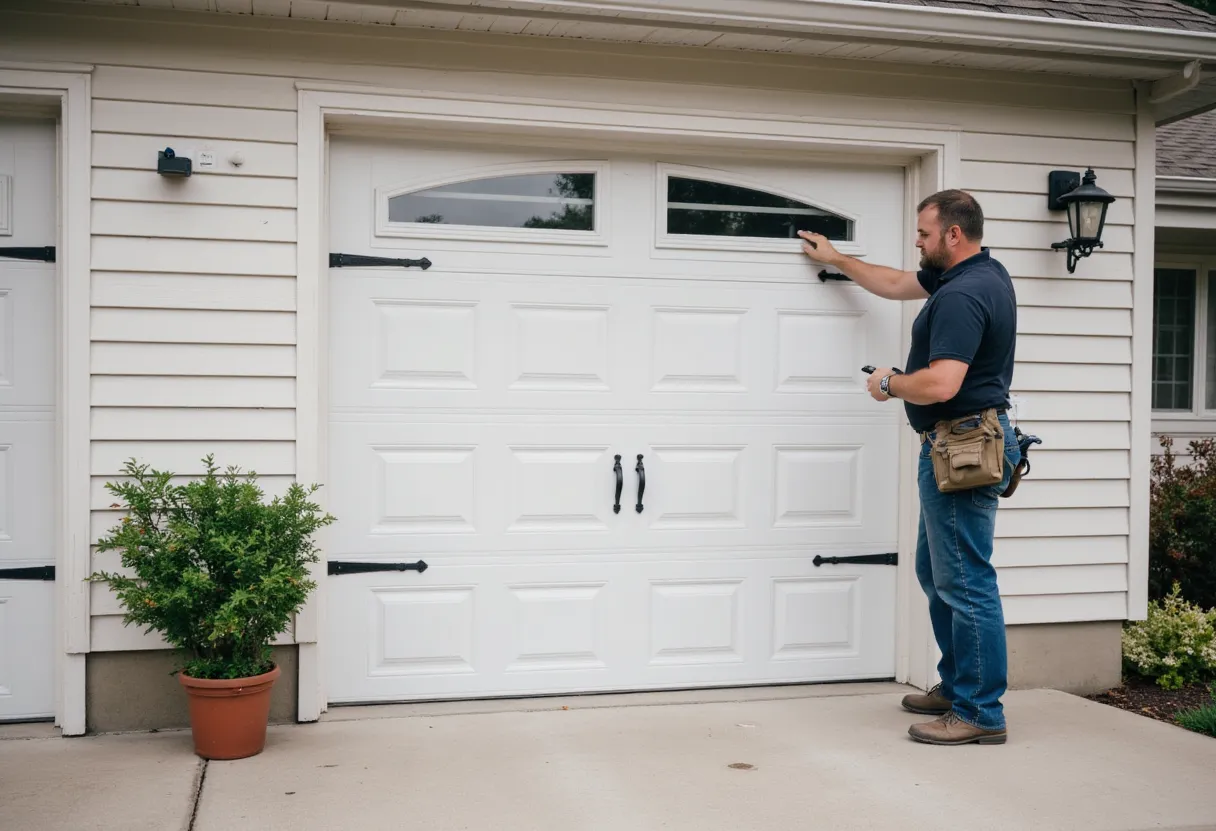 A man wearing a tool belt inspects the window of a closed white garage door attached to a house. A potted plant sits on the driveway near the garage.
