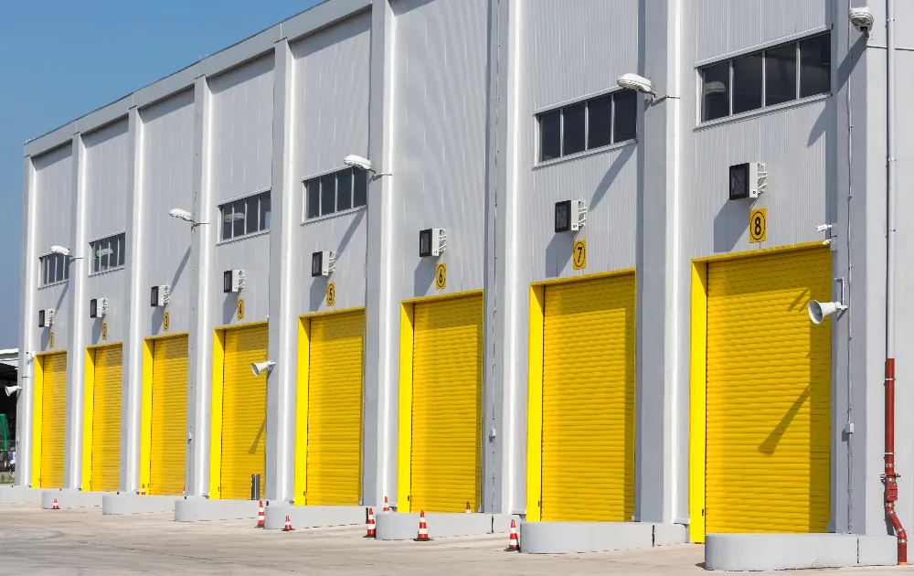 A row of industrial warehouse units with bright yellow roller doors, each labeled with a number, on a sunny day. Orange and white traffic cones line the concrete driveway in front.