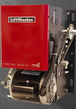 A LiftMaster industrial garage door opener with a red control box labeled “Logic 5.0”, black motor, and chain mechanism mounted on a metal frame.