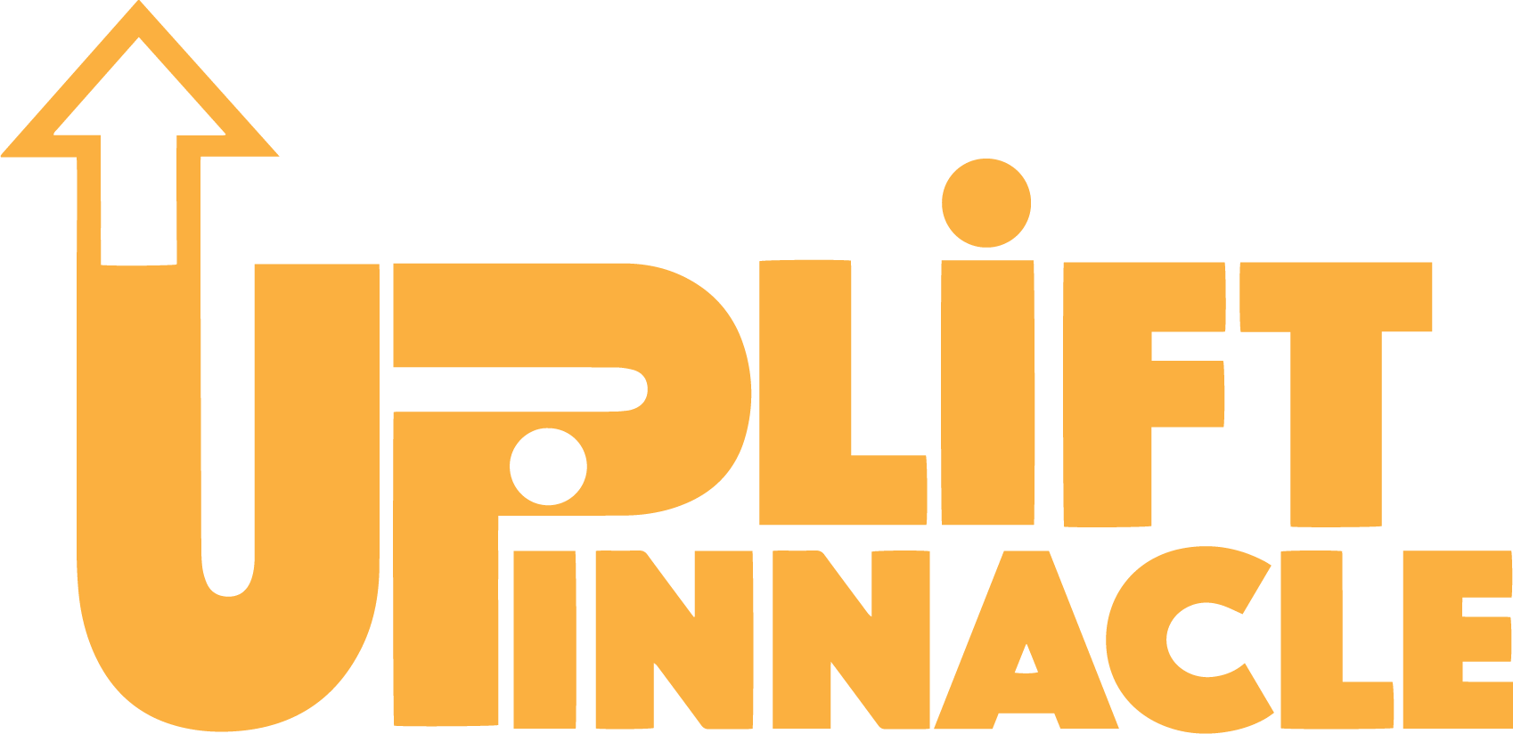 Logo for "Uplift Pinnacle" in bold orange letters. The "U" in "Uplift" features an upward arrow as its left stem, symbolizing elevation or progress.