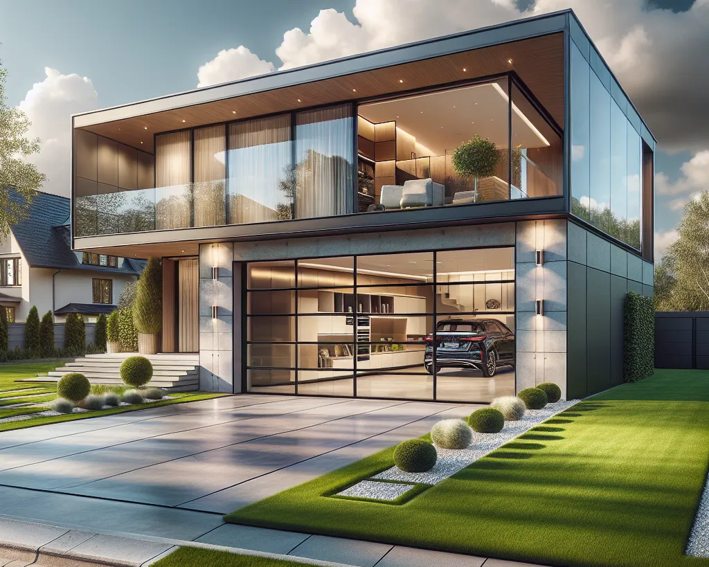 A modern two-story house with large glass windows, a minimalist garden, geometric bushes, a driveway, and a car parked in a spacious garage, under a partly cloudy sky.