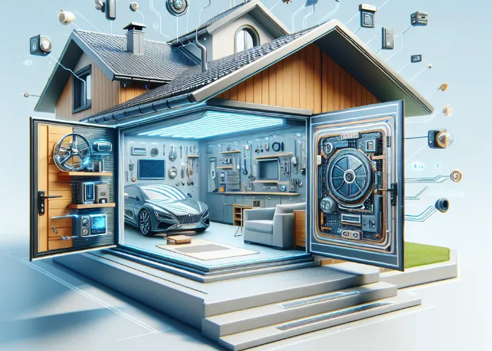 A modern house with its walls open, revealing a futuristic garage with a sleek car and high-tech gadgets, circuits, and digital devices integrated into the structure, symbolizing a smart home.