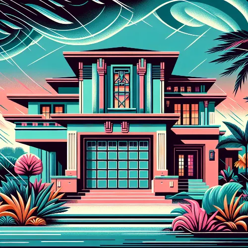 A vibrant, retro-style illustration of a modern two-story house with large windows and columns, surrounded by bold, colorful plants and dramatic, stylized clouds in the sky.