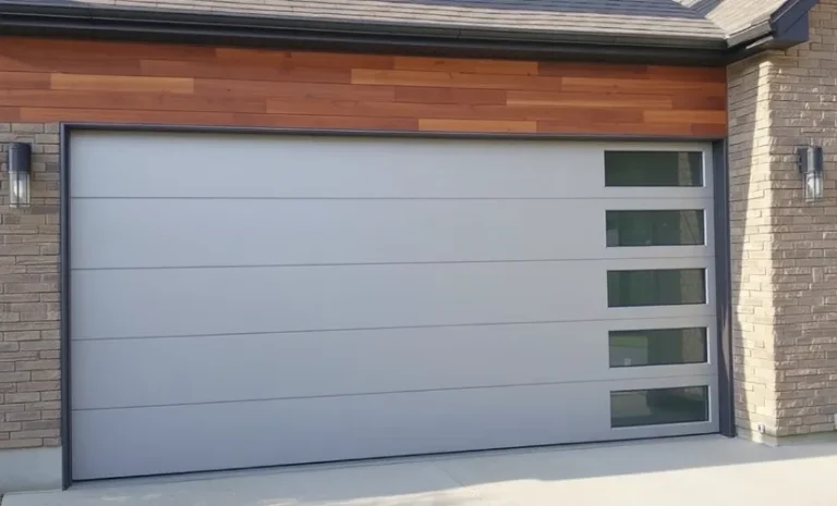 Modern garage door with horizontal panels, featuring four rectangular windows aligned vertically on the right side. The surrounding exterior has tan brick and a strip of horizontal wooden siding above the door—ideal for fans of Modern Garage Doors.