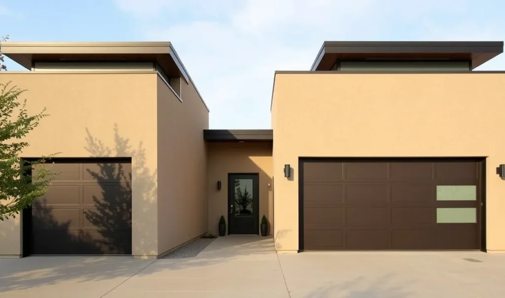 A modern beige house features two large, stylish Modern Garage Doors in dark brown and a glass front door. The wide, smooth driveway is bordered by minimal landscaping, all beneath a clear blue sky.
