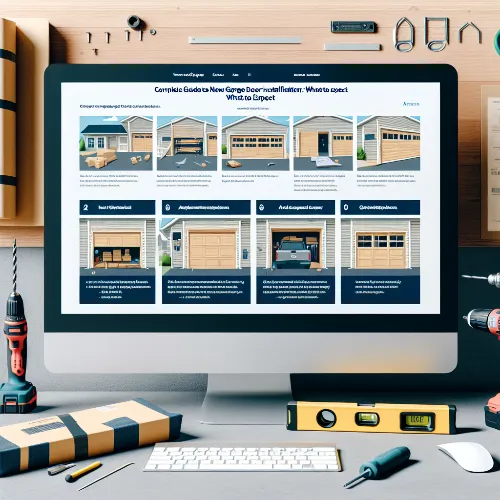 A computer on a desk displays a guide to garage door installation, showing steps with images of garage doors. Tools like a drill, level, tape measure, and boxes are arranged on the desk and wall nearby.
